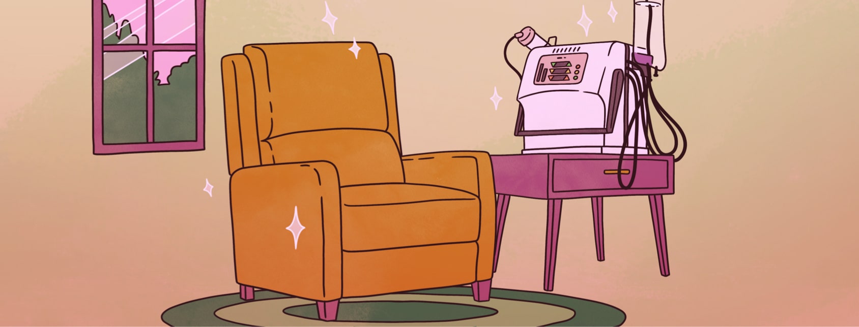 A home dialysis machine sitting on a table next to a recliner.