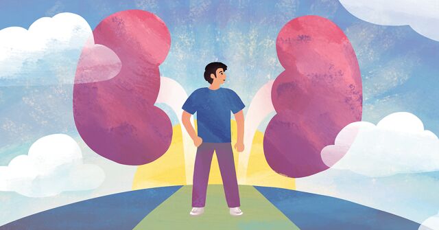 A man stands confidently on a hill in front of kidneys floating in the sky and a shining sun and clouds.