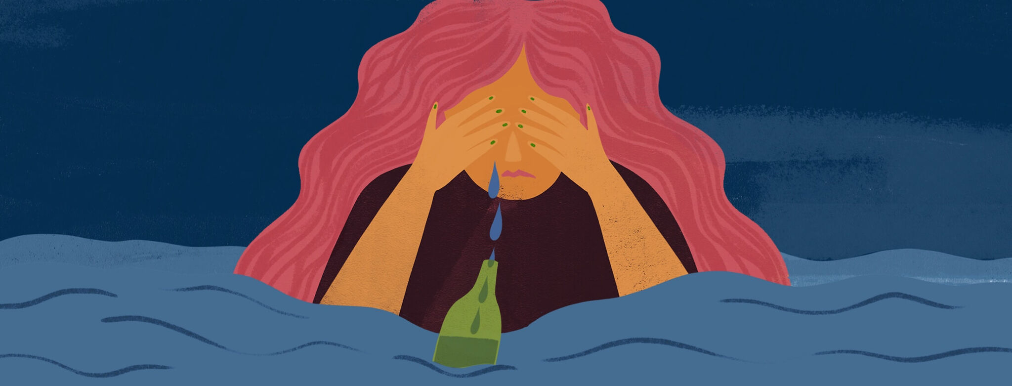 A woman alone covering her eyes crying into a bottle.