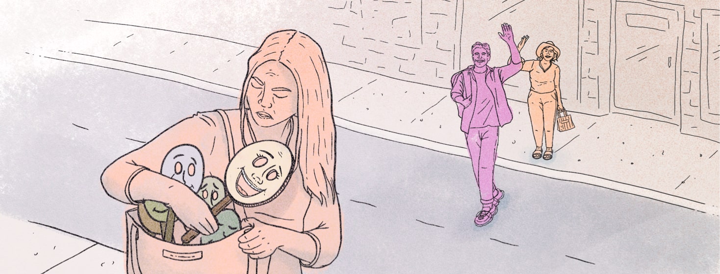 A woman reaching in her purse to select a mask while someone waves at them from afar,